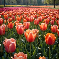 &ldquo;Vibrant Colorful Tulip Field in Full Bloom Under Blue Sky, Endless Rows of Pink Yellow and Orange Tulips in Spring Landscape, Beautiful Flower Farm Countryside Nature Background&rdquo;