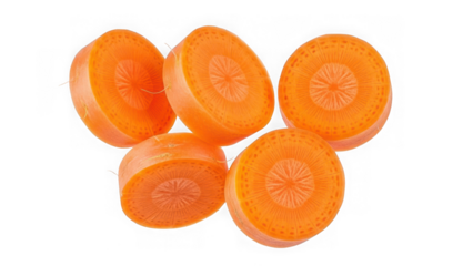 Five bright orange carrot slices cut crosswise showing the internal structure, isolated on transparent background