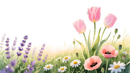 Watercolor meadow featuring a mix of lavender, daisies, and poppies along the bottom, isolated on white.
