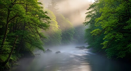 Scenic river flowing through lush green forest with morning mist and sunlight