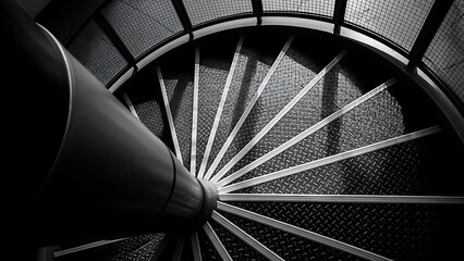 Black and white spiral staircase with dramatic lighting and textured steps viewed from above