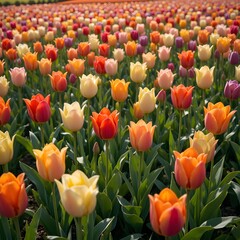 &ldquo;Vibrant Colorful Tulip Field in Full Bloom Under Blue Sky, Endless Rows of Pink Yellow and Orange Tulips in Spring Landscape, Beautiful Flower Farm Countryside Nature Background&rdquo;