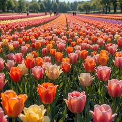 &ldquo;Vibrant Colorful Tulip Field in Full Bloom Under Blue Sky, Endless Rows of Pink Yellow and Orange Tulips in Spring Landscape, Beautiful Flower Farm Countryside Nature Background&rdquo;