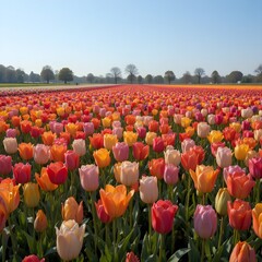&ldquo;Vibrant Colorful Tulip Field in Full Bloom Under Blue Sky, Endless Rows of Pink Yellow and Orange Tulips in Spring Landscape, Beautiful Flower Farm Countryside Nature Background&rdquo;