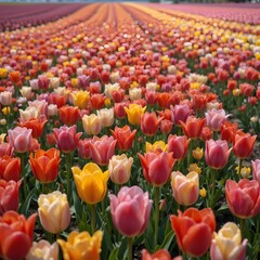 &ldquo;Vibrant Colorful Tulip Field in Full Bloom Under Blue Sky, Endless Rows of Pink Yellow and Orange Tulips in Spring Landscape, Beautiful Flower Farm Countryside Nature Background&rdquo;