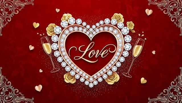 Luxurious heart shaped diamond jewelry with love text surrounded by roses and champagne on red