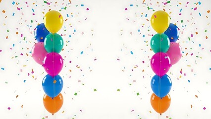 Vibrant colorful balloons and confetti falling on white background, festive celebration decoration with shiny reflective orbs, party atmosphere with multicolored streamers