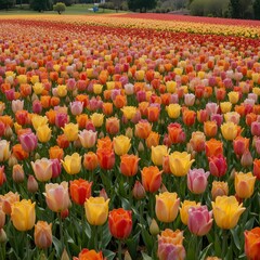 &ldquo;Vibrant Colorful Tulip Field in Full Bloom Under Blue Sky, Endless Rows of Pink Yellow and Orange Tulips in Spring Landscape, Beautiful Flower Farm Countryside Nature Background&rdquo;