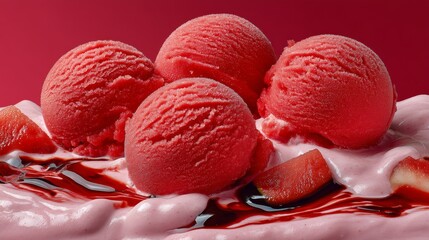 Close-up of vibrant, red watermelon sorbet scoops with a glossy appearance, drizzled with a dark syrup on a soft base