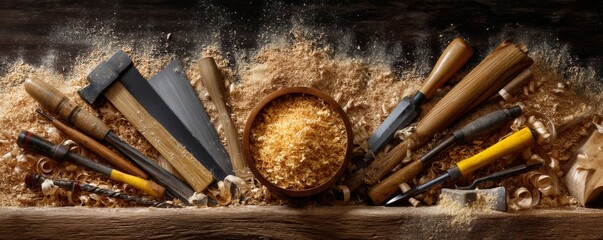 Close-up of woodworking tools arranged artistically with sawdust and wooden pieces, creating a rustic atmosphere