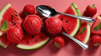 Colorful watermelon sorbet scoops arranged with watermelon slices and fresh strawberries on a pink background