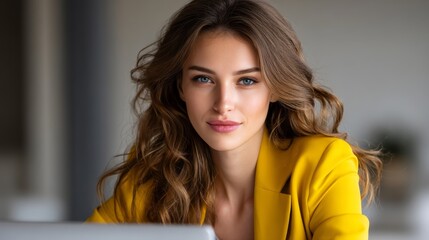 Confident young woman in a mustard blazer sitting at a desk with a laptop, engaging with the camera in a bright workspace
