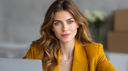 A confident woman in a mustard blazer with long wavy hair seated at a desk, looking directly at the camera with a pleasant expression
