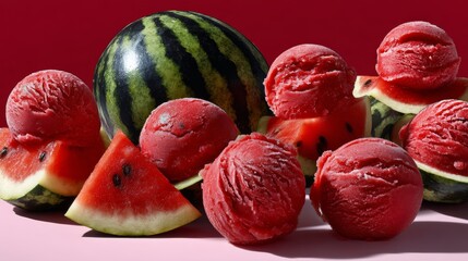 Fresh watermelon sorbet scoops surrounded by watermelon slices on a red background