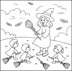 Halloween coloring page for kids featuring witch character with children black outline vector illustration for holiday craft and activities design