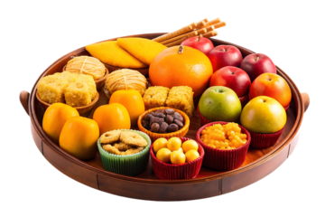 Assortment of fresh fruits and sweet treats on wooden tray on white background isolated on a transparent background