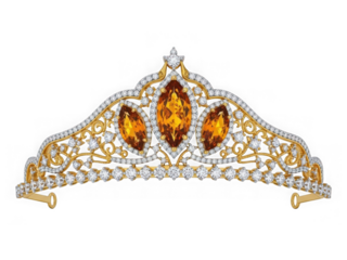 Elegant gold tiara adorned with brilliant white diamond accents and three large, marquisecut amber or topaz gemstones, isolated on transparent background