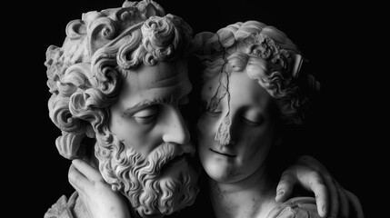 A marble sculpture of Zeus and Hera symbolizing eternal love, tenderness, and mutual respect. Their gentle embrace reflects a timeless union beyond power and conflict.