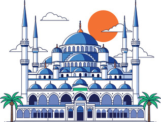 Grand mosque architecture illustration with blue domes tall minarets and palm trees at sunset for islamic culture and spiritual concepts © Lunavera art