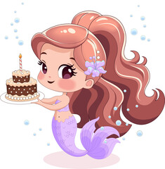 Cute Mermaid Girl with Birthday Cake Illustration