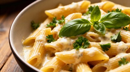 Delicious pasta with cheese sauce and organic herbs