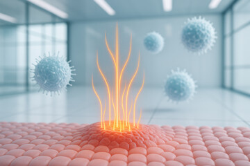 Biomedical illustration of an inflammatory response at cellular level. Glowing orange signals emerge from inflamed tissue, activating reaction from nearby immune cells