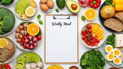 A vibrant spread of nutritious ingredients surrounding a weekly meal planner for healthy eating