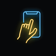 Obraz premium Neon sign of a hand with the index finger touching or pointing a smartphone screen