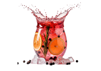 dramatic macro close-up of a vibrant blood orange gin and tonic cocktail splashing from a copa glass, frozen motion, rim lighting on a white backdrop. intense refreshment advertising concept