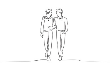 Continuous one line drawing of two male colleagues walking together and chatting casually, symbolizing positive workplace dynamic, single line art.