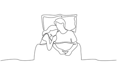 Continuous one line drawing of young woman sleeping with her head on shoulder of her boyfriend on bed, single line art.