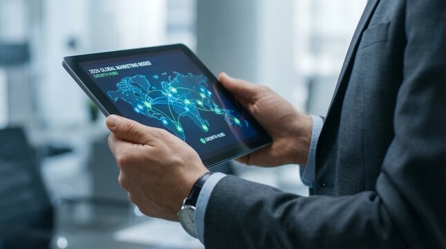 Close-up of a senior executive's hands holding a tablet displaying a global marketing network map, concept for strategic planning, data analysis and international expansion - Powered by Adobe