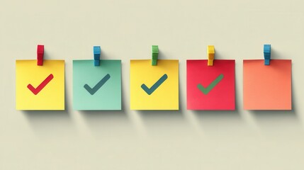 Row of colorful sticky notes with checkmarks and one blank note representing task management and progress