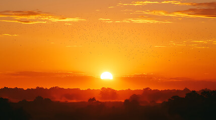 Obraz premium Vibrant Sunrise Over a Misty Horizon with Silhouetted Trees.