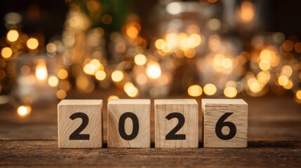 Year of 2026 Written on Wooden Blocks with Glowing Bokeh Background for Happy New Year and Resolution Concept