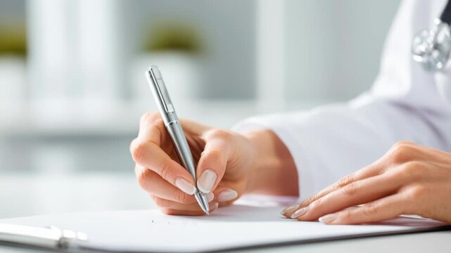 Doctor hands writing on paper document at a desk. Healthcare research, schedule app and clinic planning. Medical person on digital technology and journal for telehealth, notes and reminder or planner