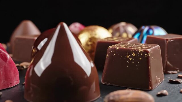 Assortment of gourmet chocolate candies on dark surface display