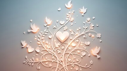 White paper cutout tree with heart and birds on blue background, love and freedom concept