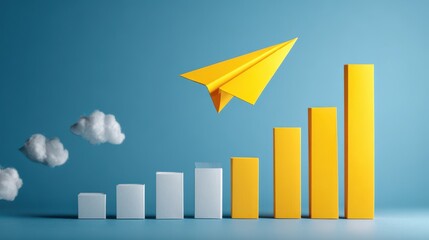 Yellow paper airplane flying over a rising chart on a blue background symbolizing business growth and success