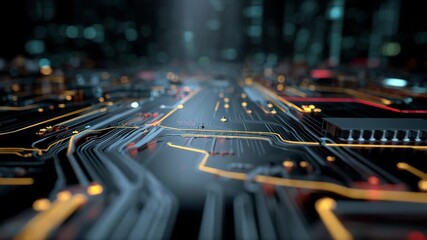 Ultra HD Abstract digital circuit board technology background with glowing data streams and microchips, futuristic concept of data transfer and processing in a dark environment video - Powered by Adobe