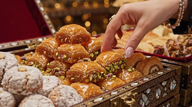 Assortment of sweet pastries displayed in decorative box close up