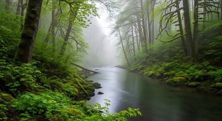 Serene forest landscape river flowing through lush greenery and fog