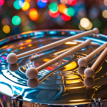 Chrome Steel Pan Instrument Close-Up with Mallets
