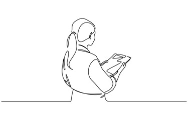 Single continuous line drawing female doctor standing and holding clipboard to checking medical record on a clipboard. Medical health care. One line draw graphic design vector illustration