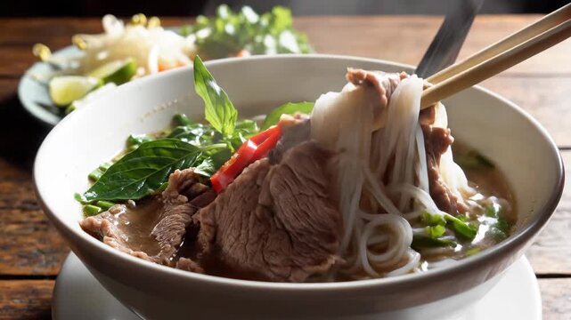 Close up of a bowl of vietnamese pho noodle soup with chopsticks and ingredients