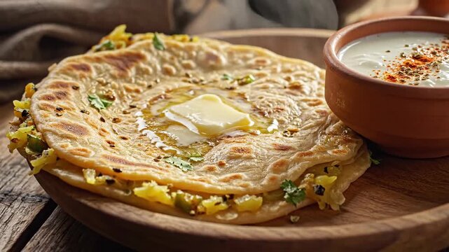 Close up of a delicious paratha with butter and yogurt bowl