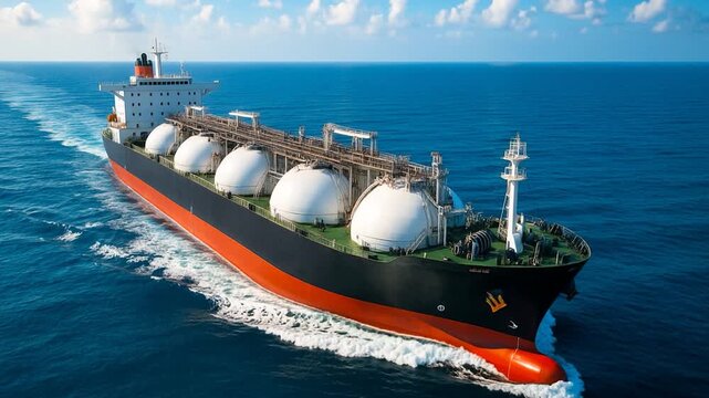 Aerial view of Liquified Natural Gas LNG transport vessel ship on the ocean.
