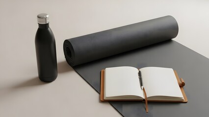 A blank black notebook and pen sit beside a business planner and a message in a bottle containing a paper scroll for office note writing