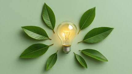 Green Energy Concept with Wireless Light Bulb and Green Leaves &ndash; Carbon Neutral, ESG and Clean Renewable Energy