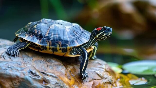 A turtle with a bright shell on a rock surrounded by greenery symbolises natural harmony &mdash; a fitting backdrop for environmental and educational projects.
